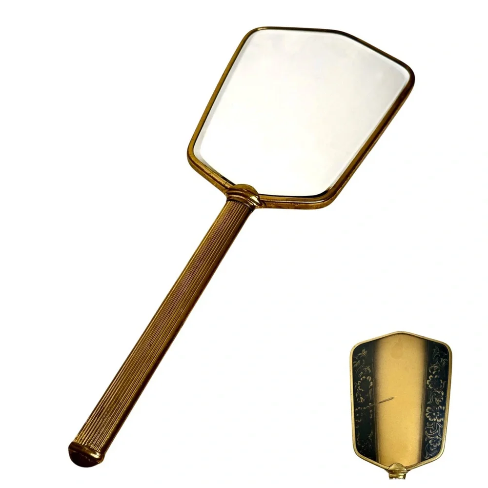 Vintage Gold Tone Art Deco Vanity Hand Mirror Ornate Floral Design Boudoir Retro